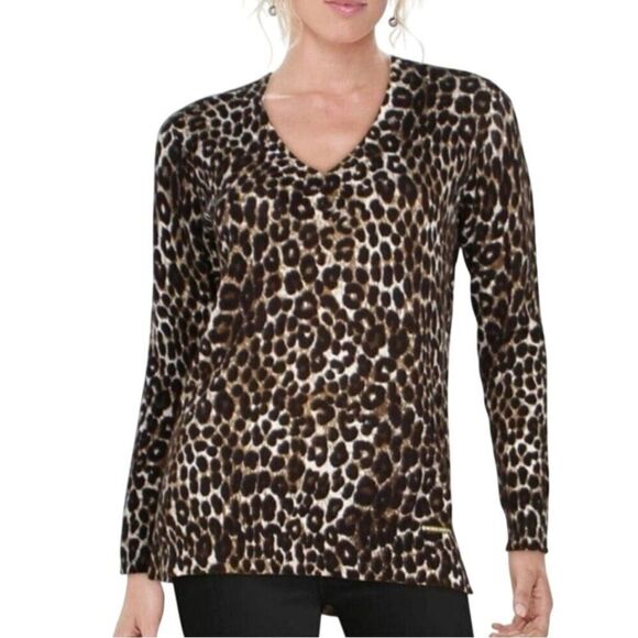 Michael Kors Leopard V-Neck Tunic Sweater L Brown Lightweight Layering Animal - Picture 11 of 11